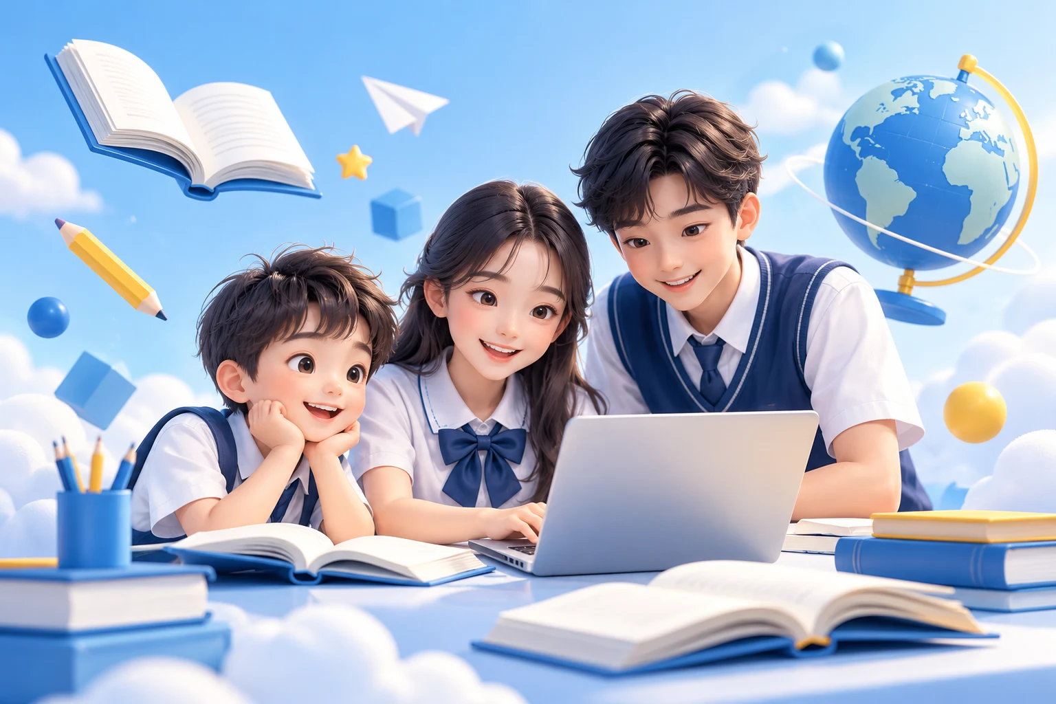 Minh họa ba học sinh cùng học với máy tính, sách và địa cầu trên nền xanh da trời
